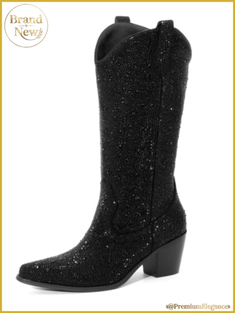 MISSMILLER Women's Knee High Western Boots Faux Suede Rhinestone Chunky Heel